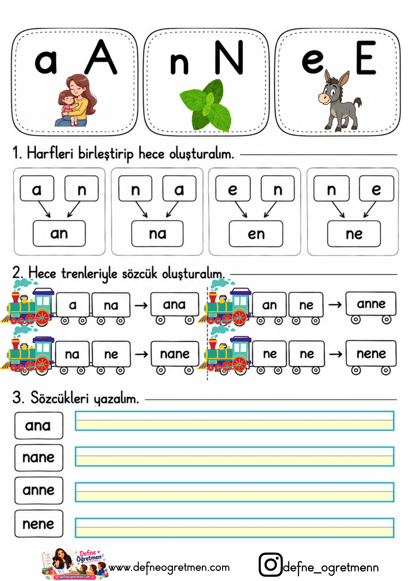 A,N,E HARFLERİ ÇALIŞLMA KAĞITLARI